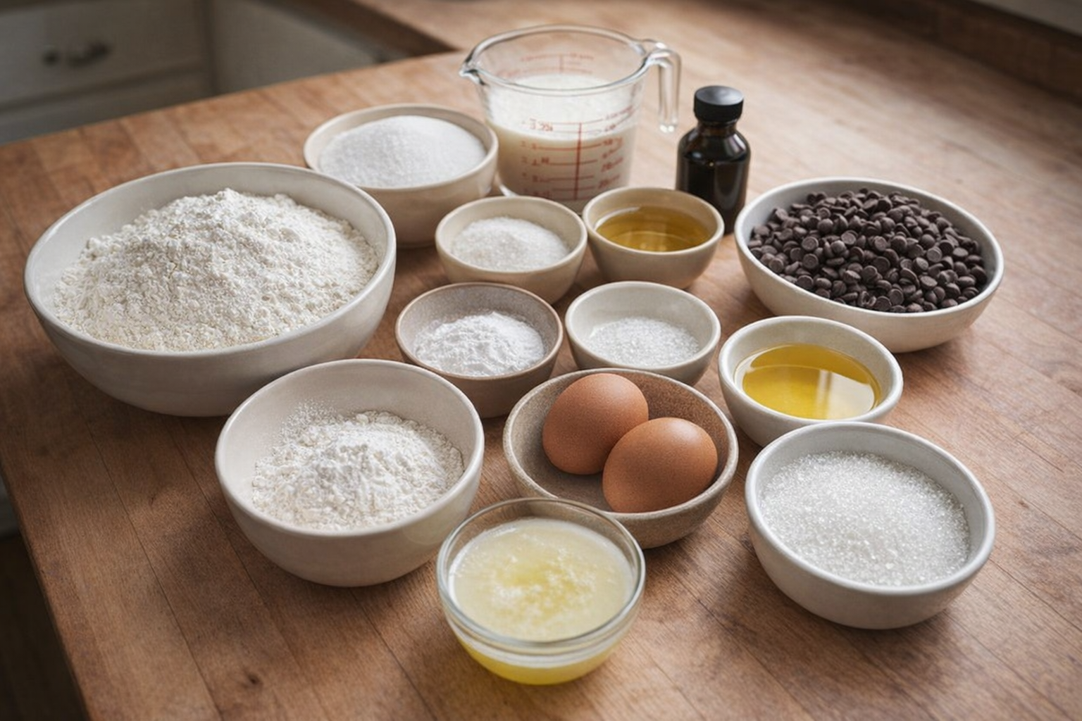 An overhead shot of all the ingredients needed for chocolate chip muffins laid out on a wooden countertop: flour, sugar, baking powder, baking soda, salt, chocolate chips, eggs, buttermilk, vanilla extract, vegetable oil, melted butter, and sparkling sugar, in separate bowls and containers